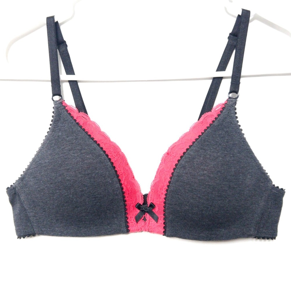 Victoria Secret No Wire Bra 34A Scalloped Trim Wireless Dark Gray Comfort Womens
